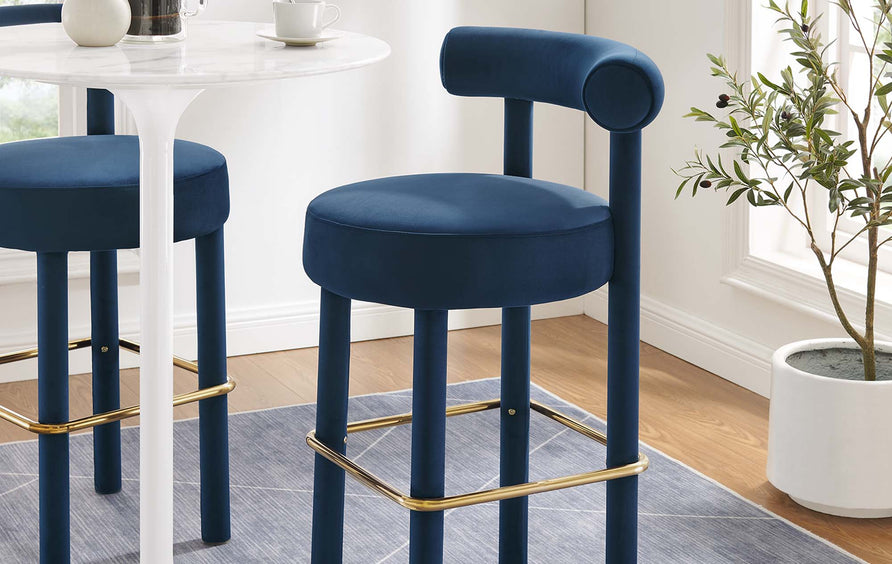 Halcyon Performance Velvet Bar Stool Set of 2 in Midnight Blue Gold
