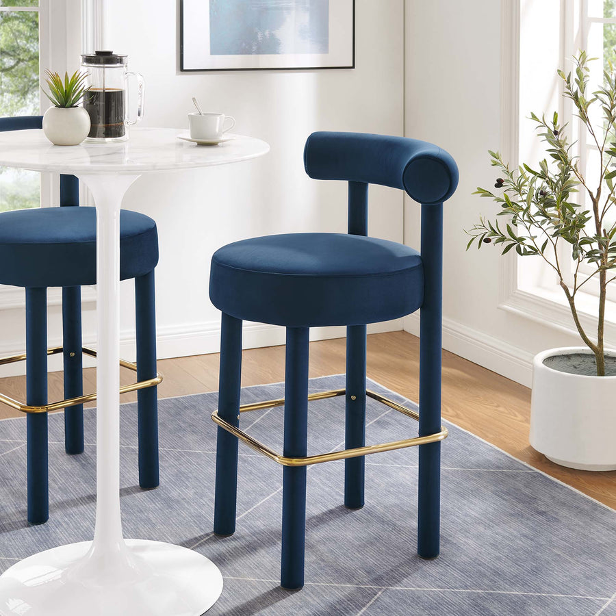 Halcyon Performance Velvet Bar Stool Set of 2 in Midnight Blue Gold