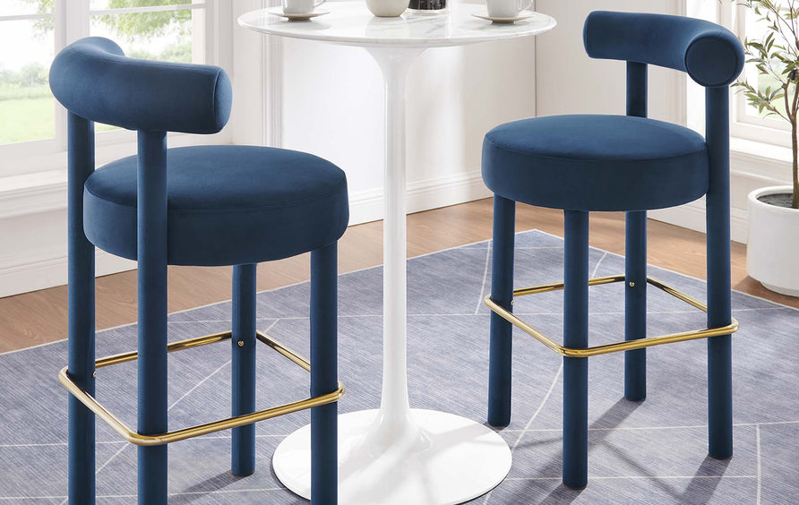 Halcyon Performance Velvet Bar Stool Set of 2 in Midnight Blue Gold