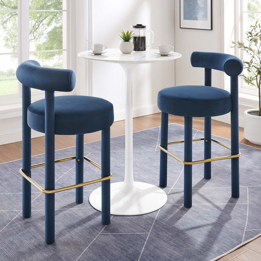 Halcyon Performance Velvet Bar Stool Set of 2 in Midnight Blue Gold