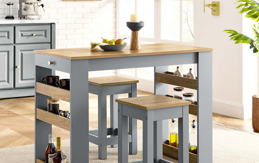 Vita 3-Piece Kitchen Island and Stool Set in Oak Gray