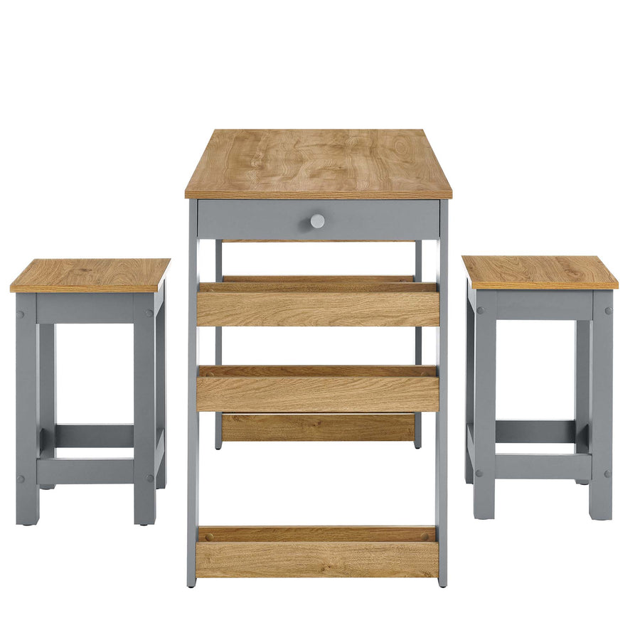 Vita 3-Piece Kitchen Island and Stool Set in Oak Gray