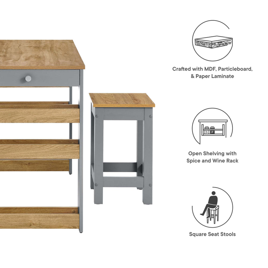 Vita 3-Piece Kitchen Island and Stool Set in Oak Gray