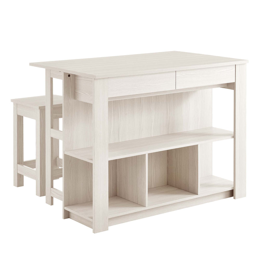 Cudillero 3-Piece Kitchen Island and Stool Set in White Maple