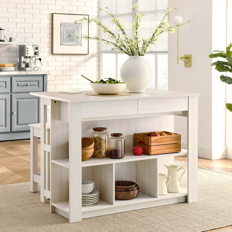 Cudillero 3-Piece Kitchen Island and Stool Set in White Maple