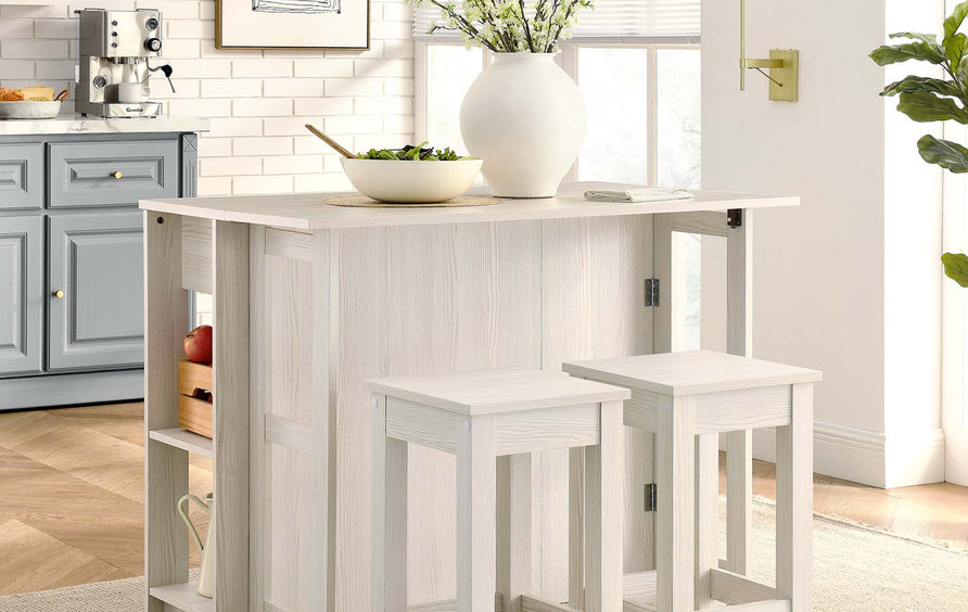 Cudillero 3-Piece Kitchen Island and Stool Set in White Maple