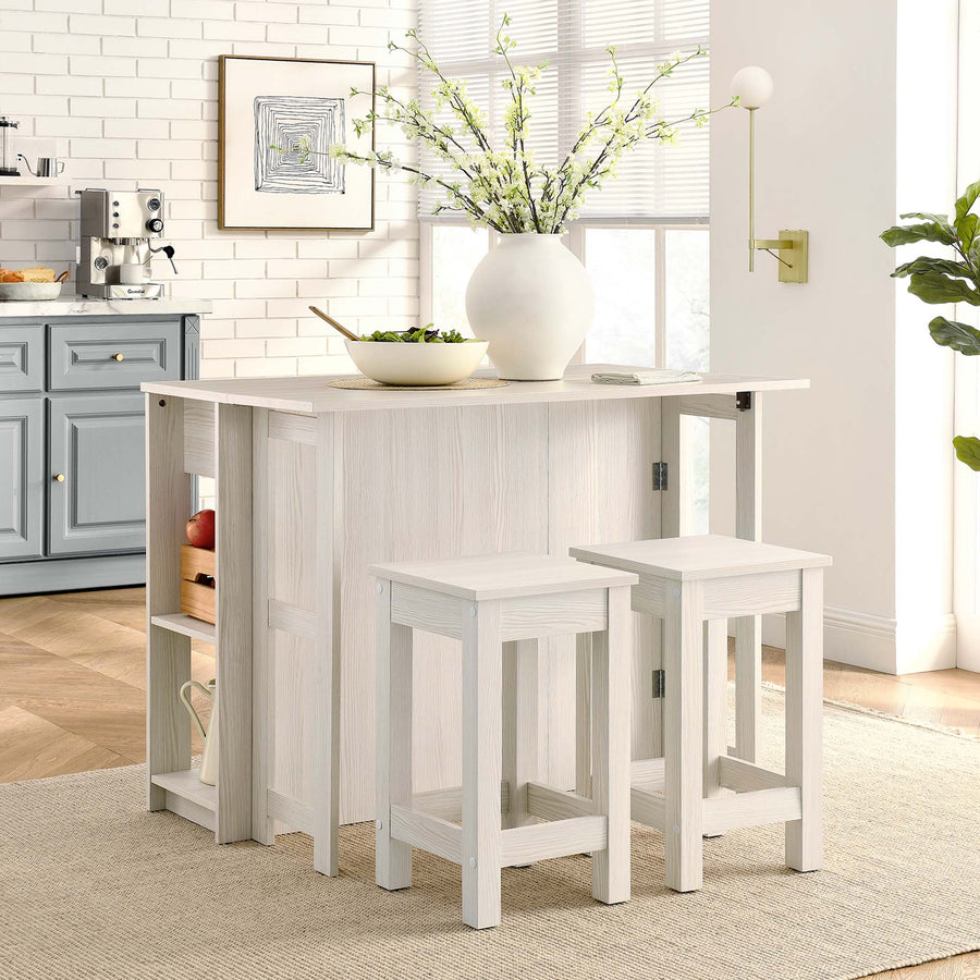 Cudillero 3-Piece Kitchen Island and Stool Set in White Maple