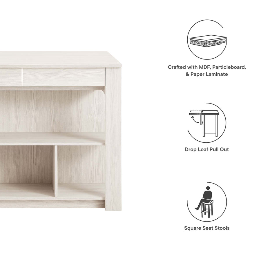 Cudillero 3-Piece Kitchen Island and Stool Set in White Maple