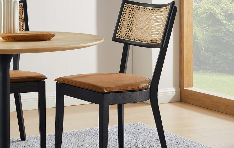 Bough Vegan Leather Upholstered Wood Dining Chairs Set of 2 in Black Tan