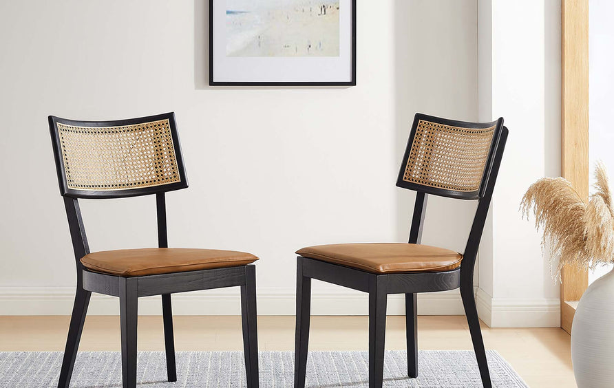 Bough Vegan Leather Upholstered Wood Dining Chairs Set of 2 in Black Tan