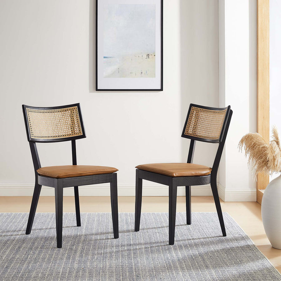 Bough Vegan Leather Upholstered Wood Dining Chairs Set of 2 in Black Tan