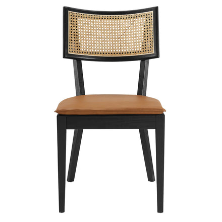 Caledonia Vegan Leather Upholstered Wood Dining Chairs Set of 2 in Black Tan