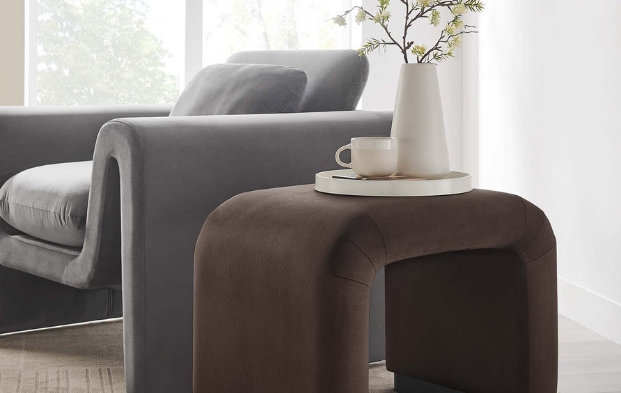 Benzoin Performance Velvet Waterfall Stool in Black Chocolate Brown