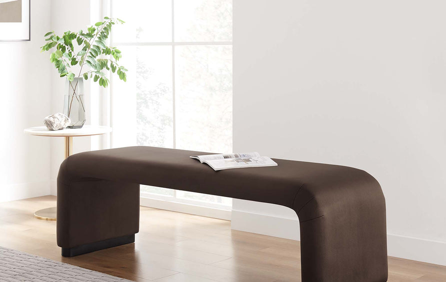 Benzoin Performance Velvet Waterfall Long Bench in Black Chocolate Brown