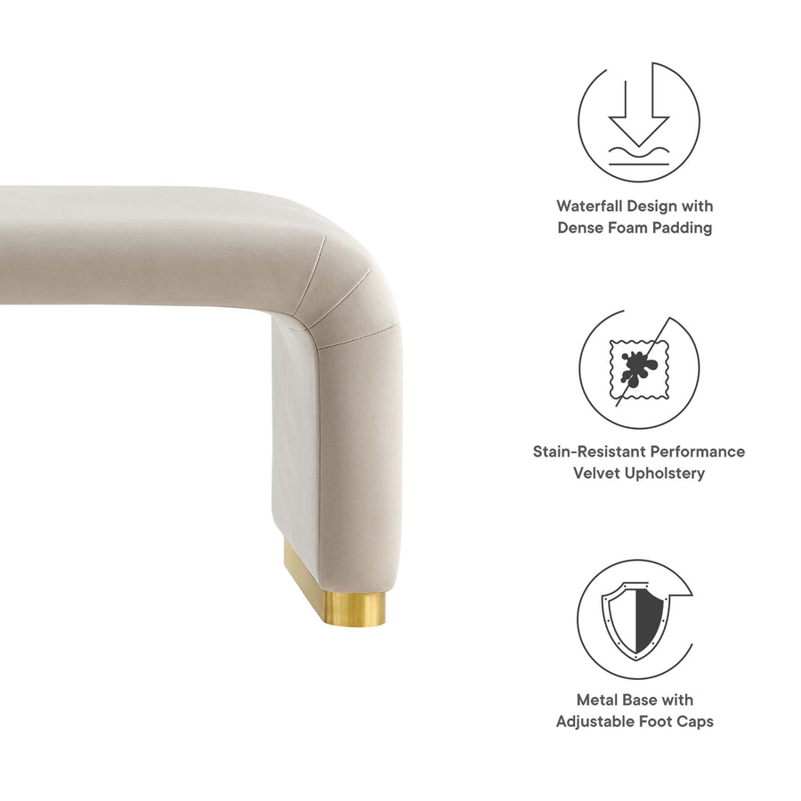 Benzoin Performance Velvet Waterfall Long Bench in Brass Almond