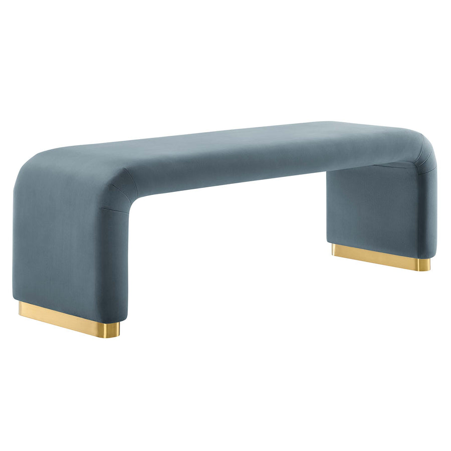 Benzoin Performance Velvet Waterfall Long Bench in Brass Cadet Blue