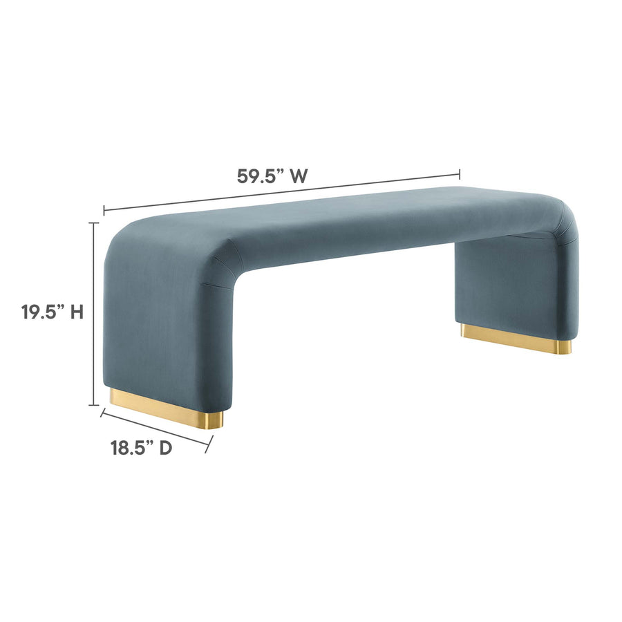 Benzoin Performance Velvet Waterfall Long Bench in Brass Cadet Blue