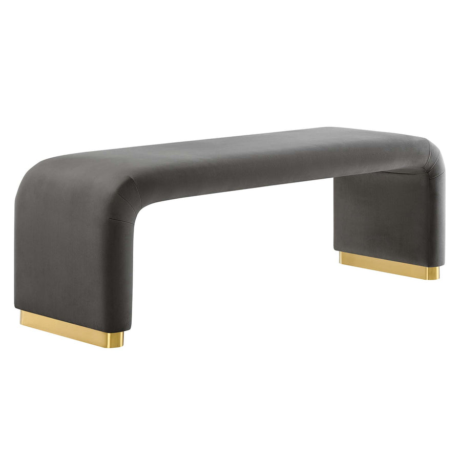 Benzoin Performance Velvet Waterfall Long Bench in Brass Storm Gray