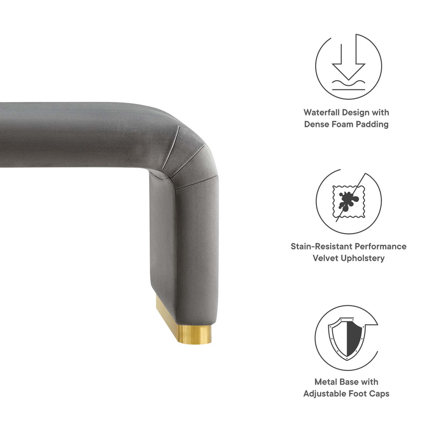 Benzoin Performance Velvet Waterfall Long Bench in Brass Storm Gray