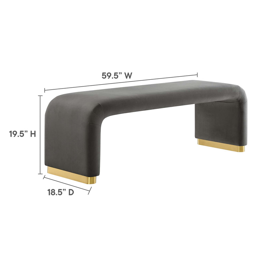 Benzoin Performance Velvet Waterfall Long Bench in Brass Storm Gray