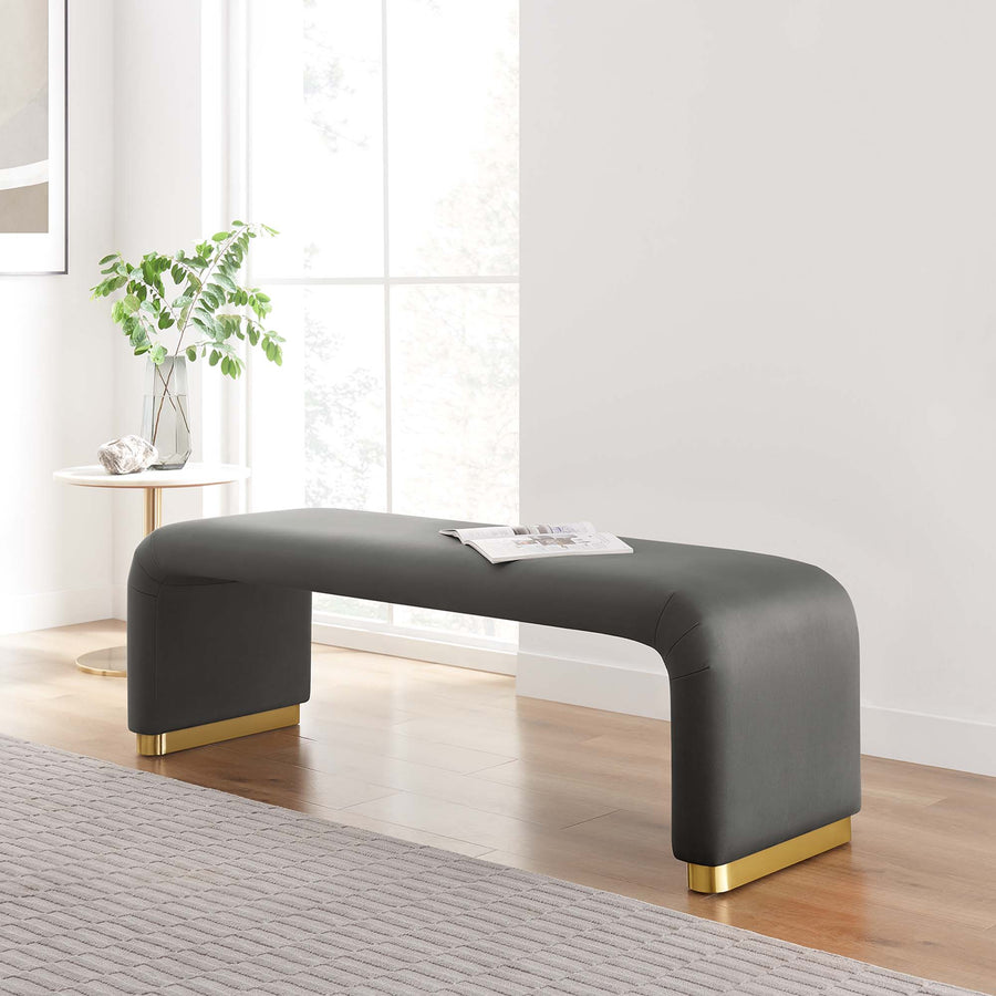 Benzoin Performance Velvet Waterfall Long Bench in Brass Storm Gray