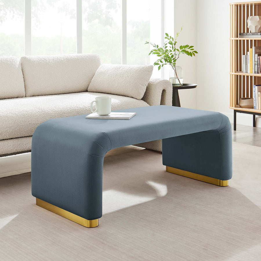 Benzoin Performance Velvet Waterfall Ottoman in Brass Cadet Blue