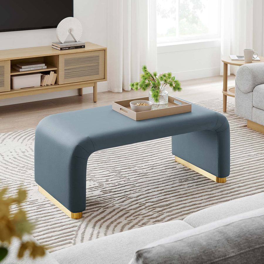 Benzoin Performance Velvet Waterfall Ottoman in Brass Cadet Blue
