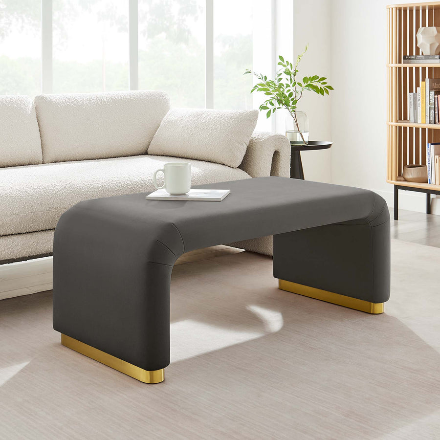 Benzoin Performance Velvet Waterfall Ottoman in Brass Storm Gray