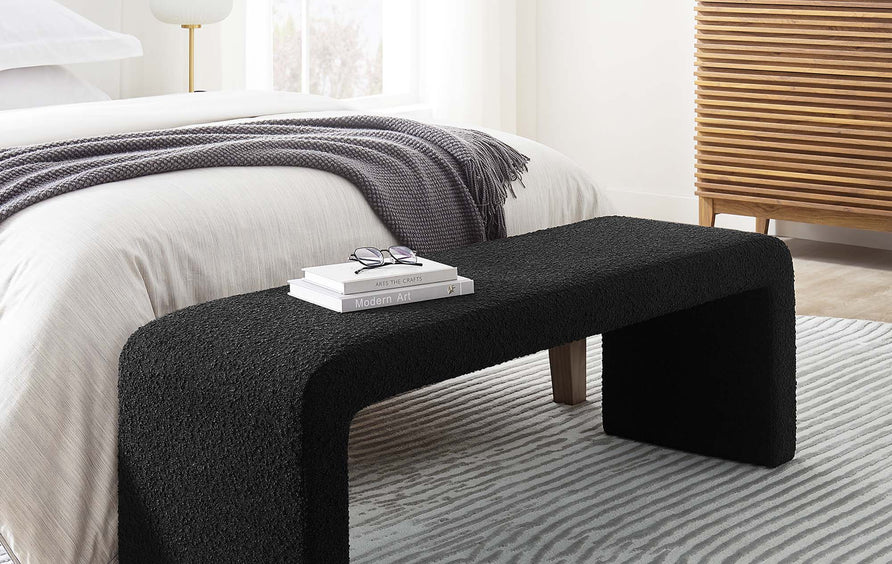 Talia Boucle Fabric Waterfall Long Bench in Black