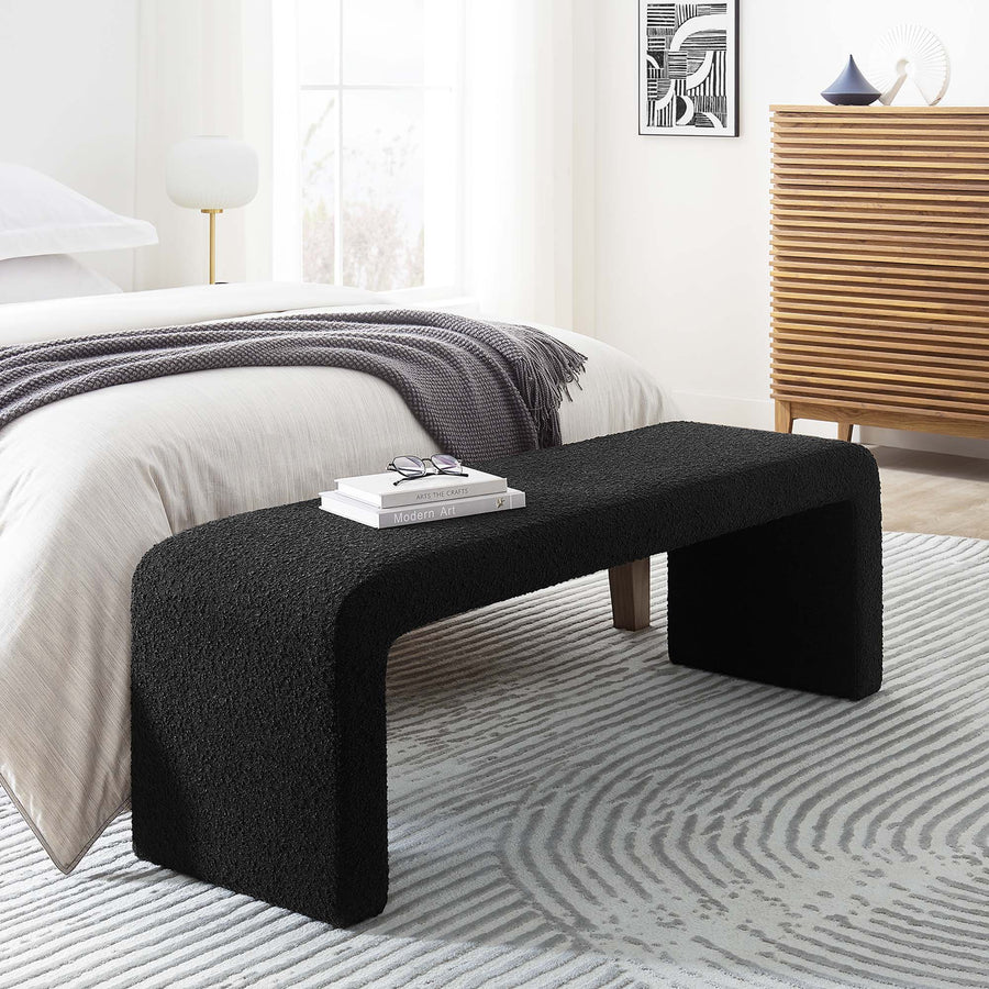 Talia Boucle Fabric Waterfall Long Bench in Black