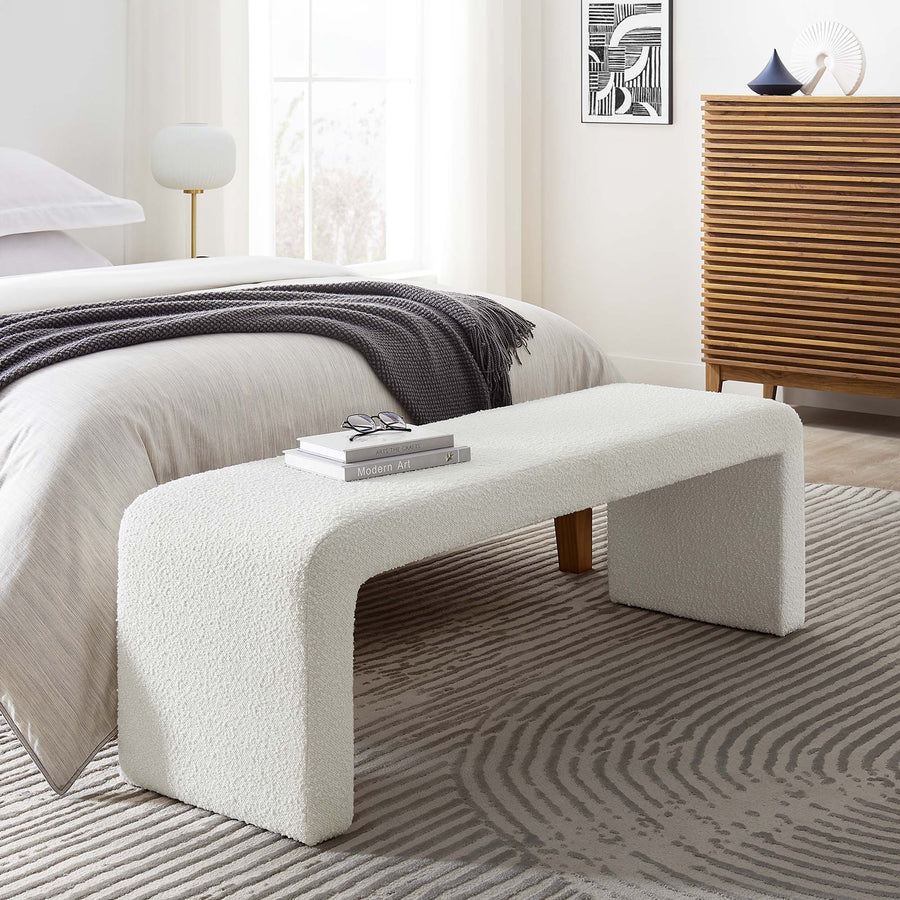 Talia Boucle Fabric Waterfall Long Bench in Ivory