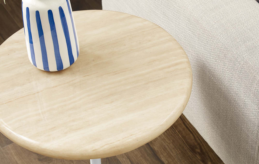 Lumen 20" Round Faux Travertine Side Table in White Travertine