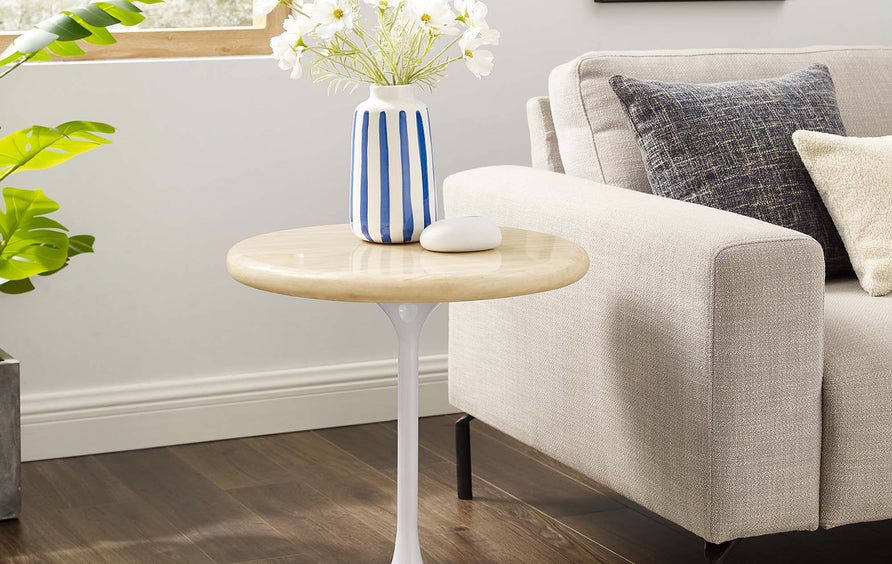 Lumen 20" Round Faux Travertine Side Table in White Travertine