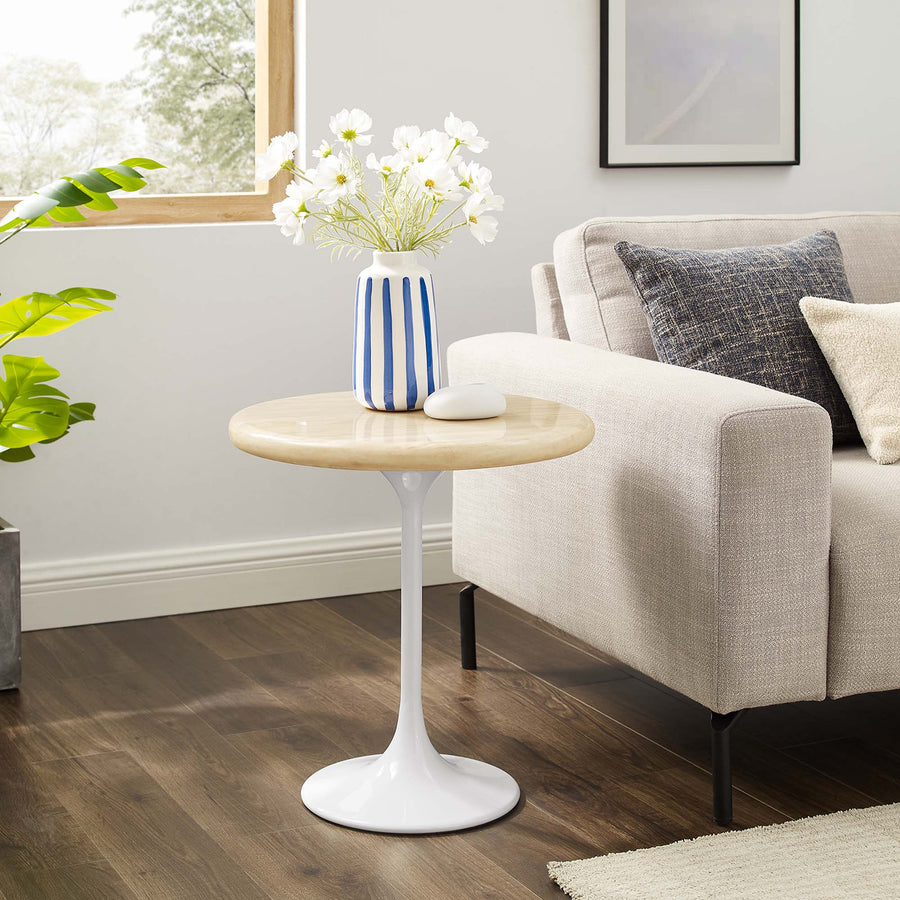 Lumen 20" Round Faux Travertine Side Table in White Travertine