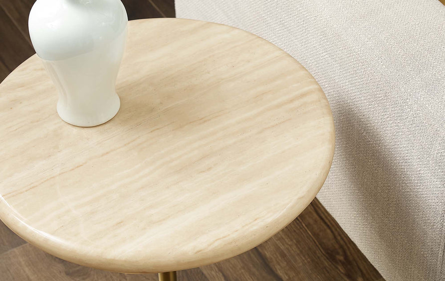 Lumen 20" Round Faux Travertine Side Table in Gold Travertine