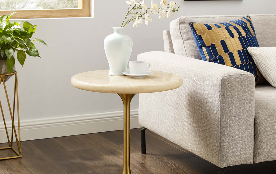 Lumen 20" Round Faux Travertine Side Table in Gold Travertine