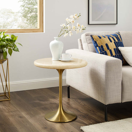 Lippa 20" Round Faux Travertine Side Table in Gold Travertine
