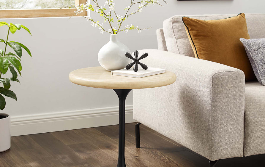Lumen 20" Round Faux Travertine Side Table in Black Travertine