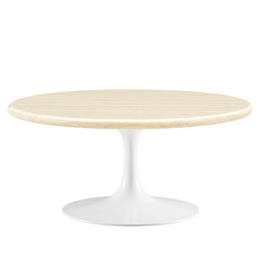 Lumen 36" Round Faux Travertine Coffee Table in White Travertine