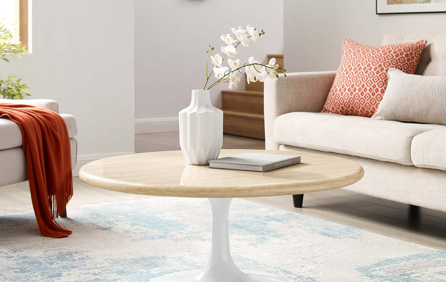 Lumen 36" Round Faux Travertine Coffee Table in White Travertine