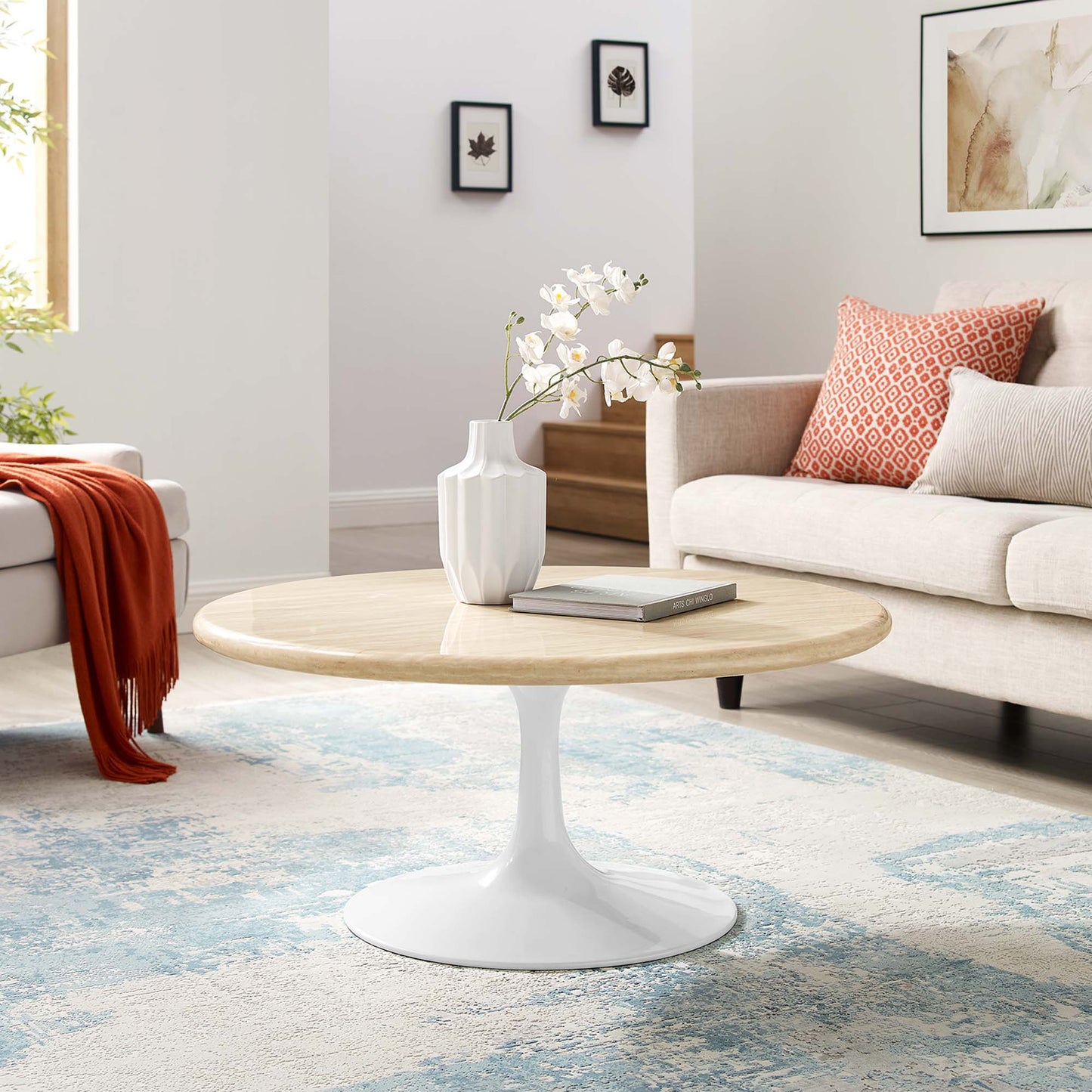 Lippa 36" Round Faux Travertine Coffee Table by Furniture For America
