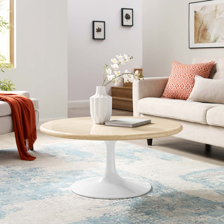 Lumen 36" Round Faux Travertine Coffee Table in White Travertine