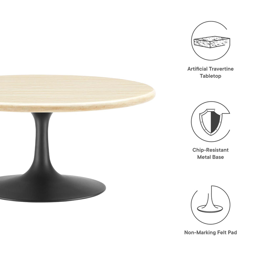 Lumen 36" Round Faux Travertine Coffee Table in Black Travertine