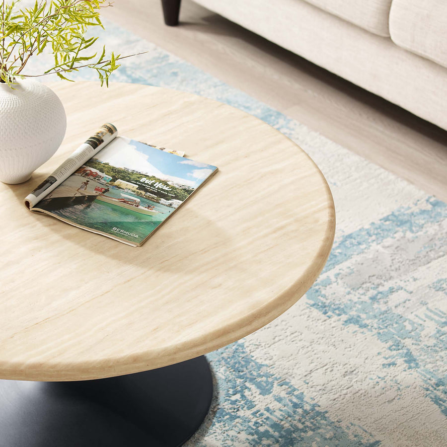 Lumen 36" Round Faux Travertine Coffee Table in Black Travertine