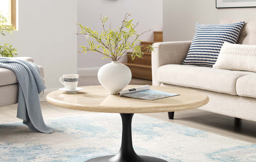 Lumen 36" Round Faux Travertine Coffee Table in Black Travertine
