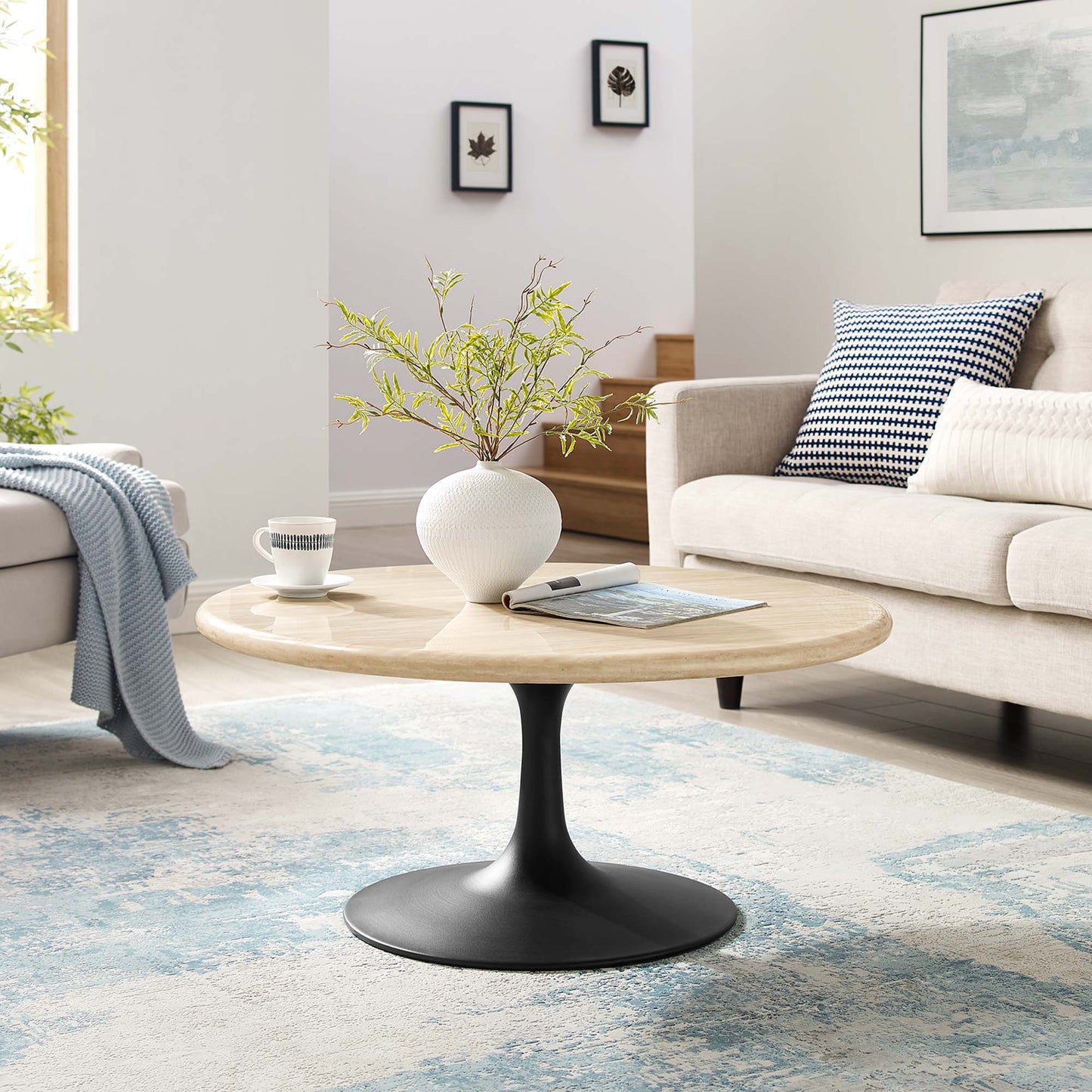 Lippa 36" Round Faux Travertine Coffee Table by Furniture For America