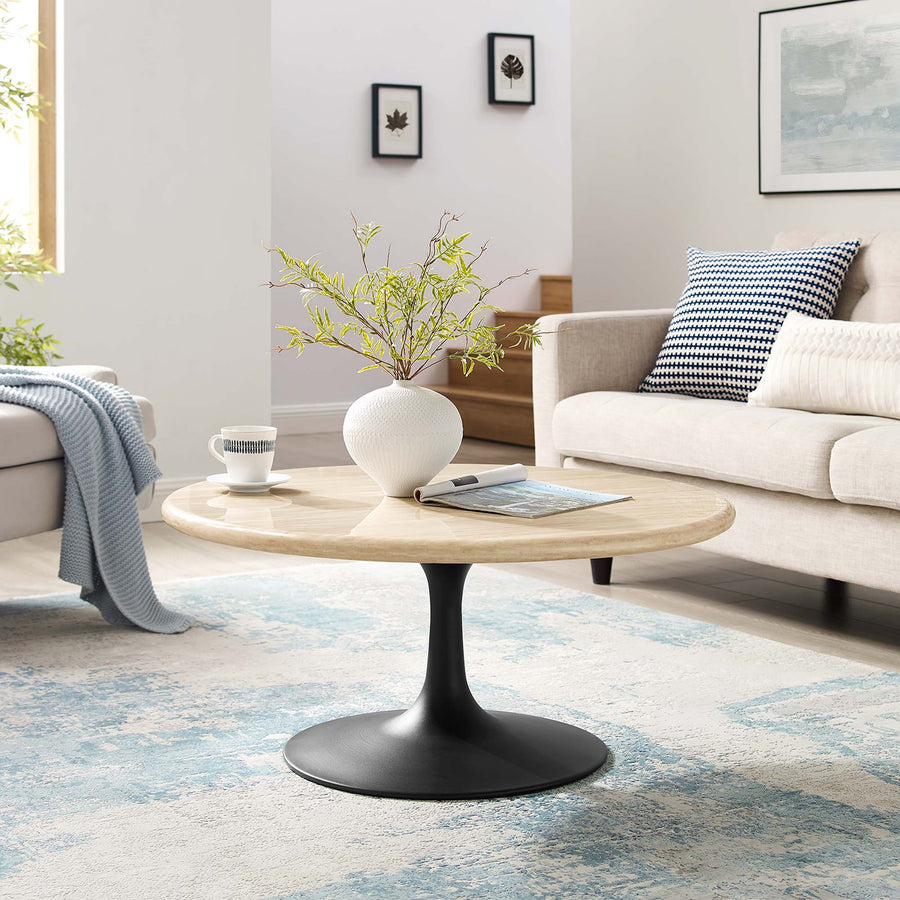 Lumen 36" Round Faux Travertine Coffee Table in Black Travertine