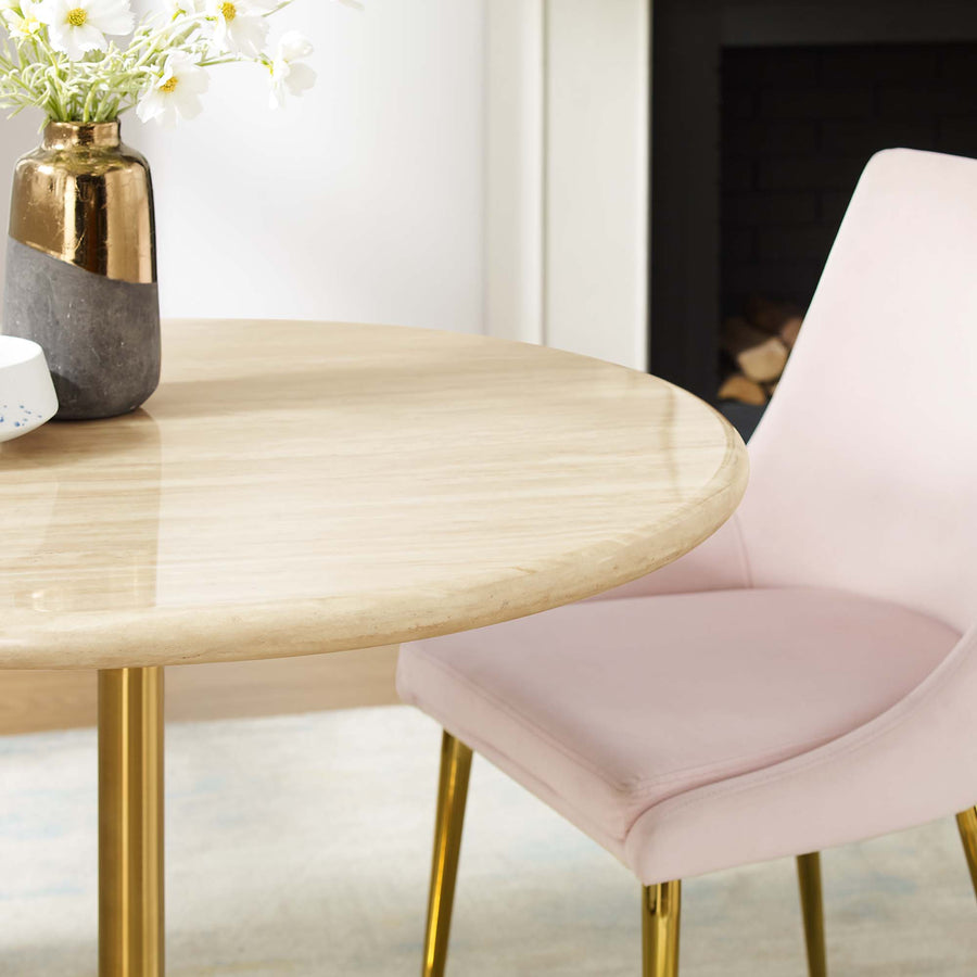 Lumen 36" Round Faux Travertine Dining Table in Gold Travertine