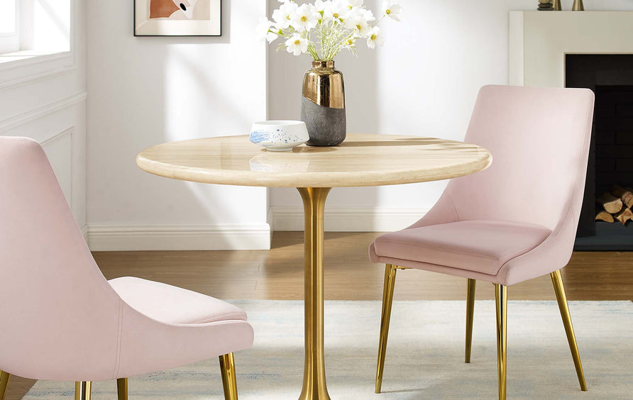 Lumen 36" Round Faux Travertine Dining Table in Gold Travertine