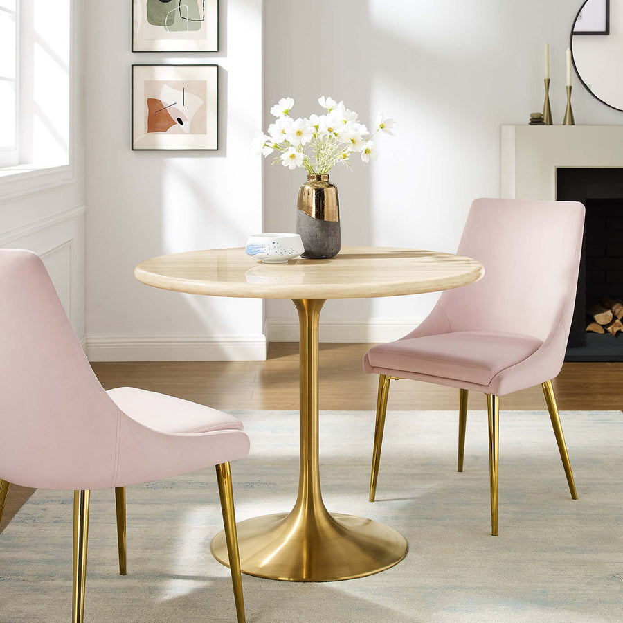 Lumen 36" Round Faux Travertine Dining Table in Gold Travertine